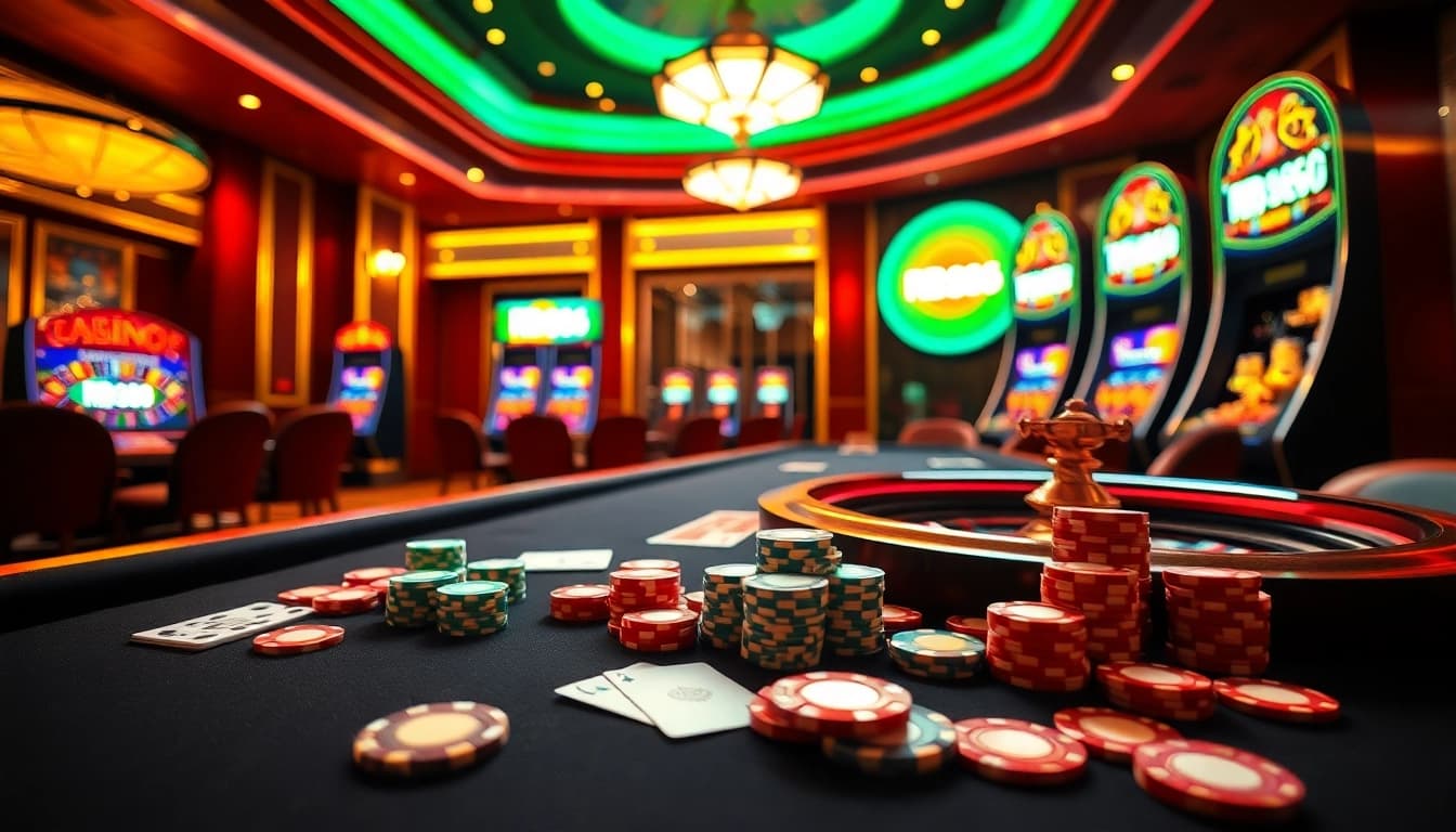 Experience excitement at the RR888 casino table with colorful poker chips and a roulette wheel.