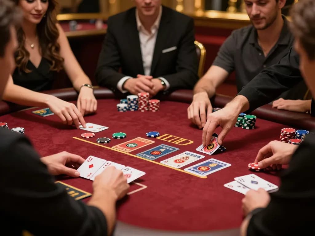Players engaging in a blackjack game at gem88 casino, focused on dealer's cards and chips.