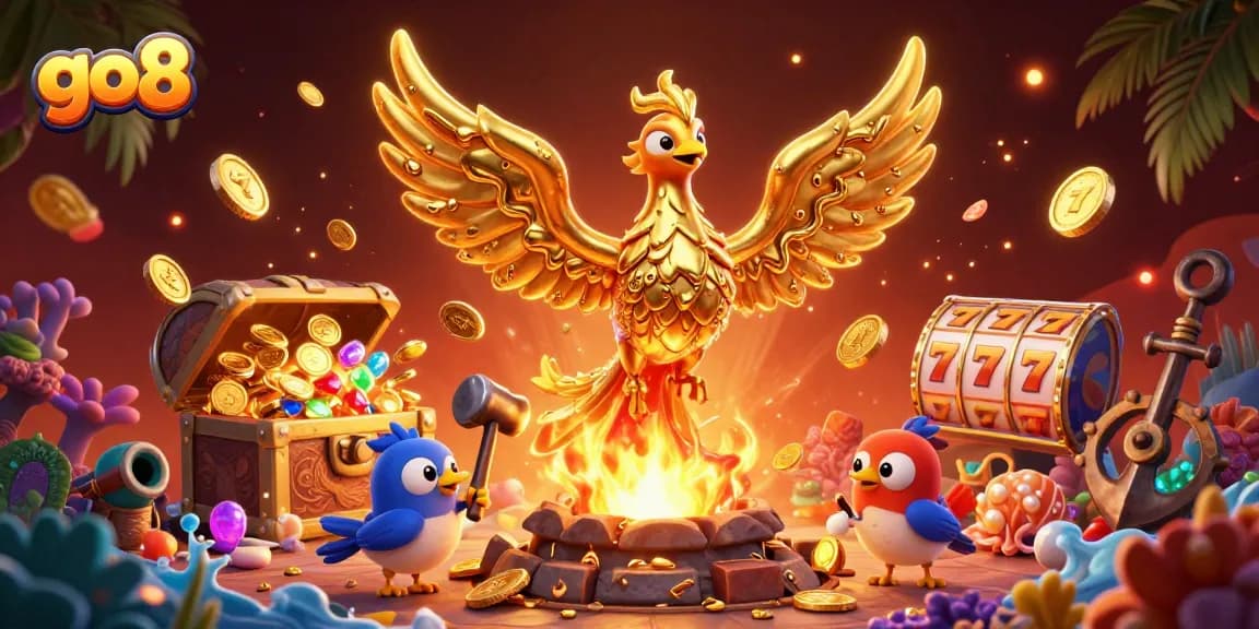 Spin the reels with go8's vibrant casino scene featuring a molten phoenix and treasures.