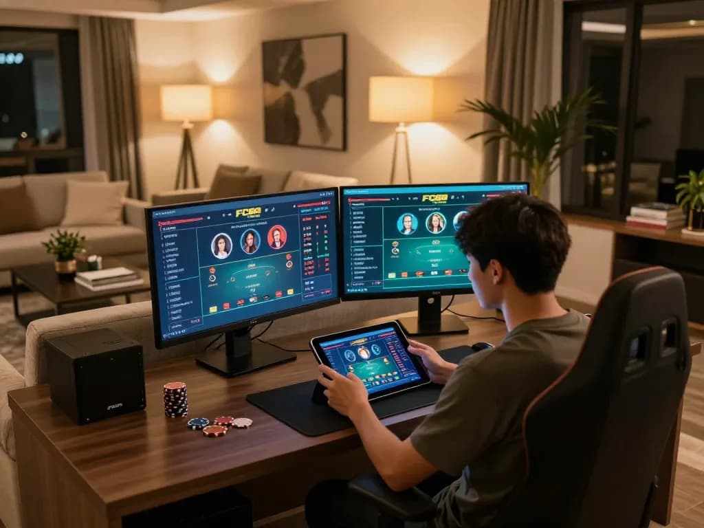 Engaging in FC88 online poker, showcasing dynamic gameplay on tabletop with poker setup