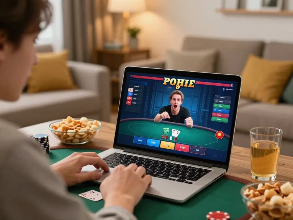 Pemain menikmati permainan poker online di rumah dengan ap686 di laptop mereka dalam pengaturan yang nyaman.