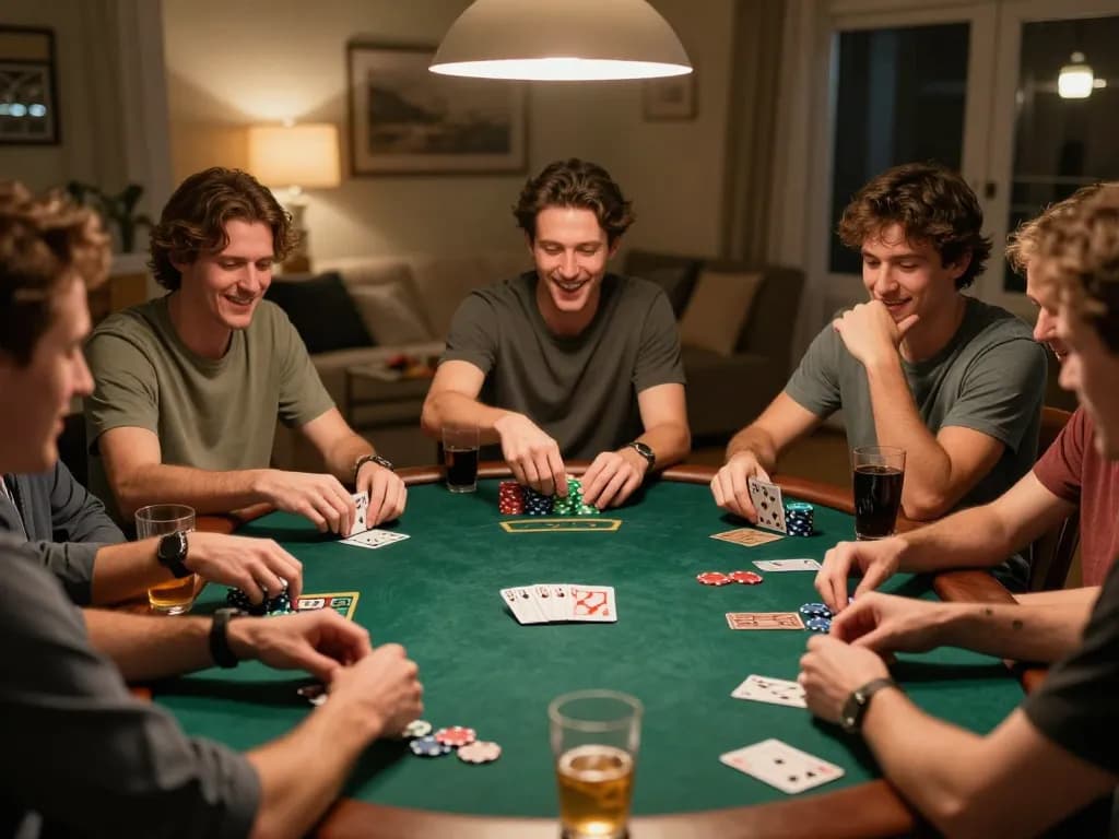 Home poker night with friends enjoying a game on GG88.my, emphasizing friendly competition.