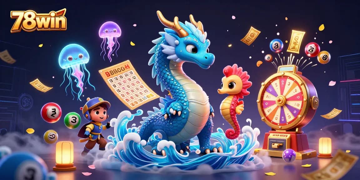 Engage with 78win as colorful lottery balls and a dynamic illustration fill the scene.