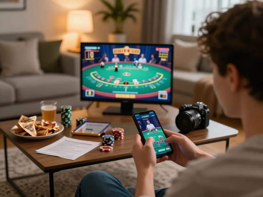 Engaging player using smartphone for online gaming at https://mm88.today/ in a cozy living room