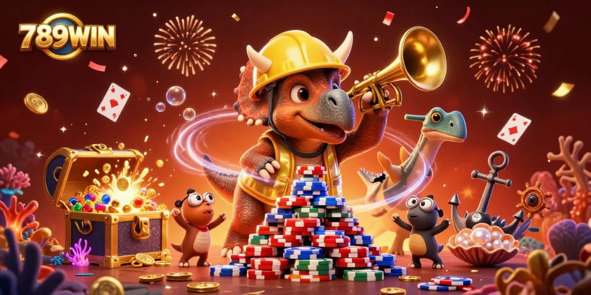 Experience the excitement of 789WIN with a dynamic 3D illustration featuring a triceratops and casino elements.