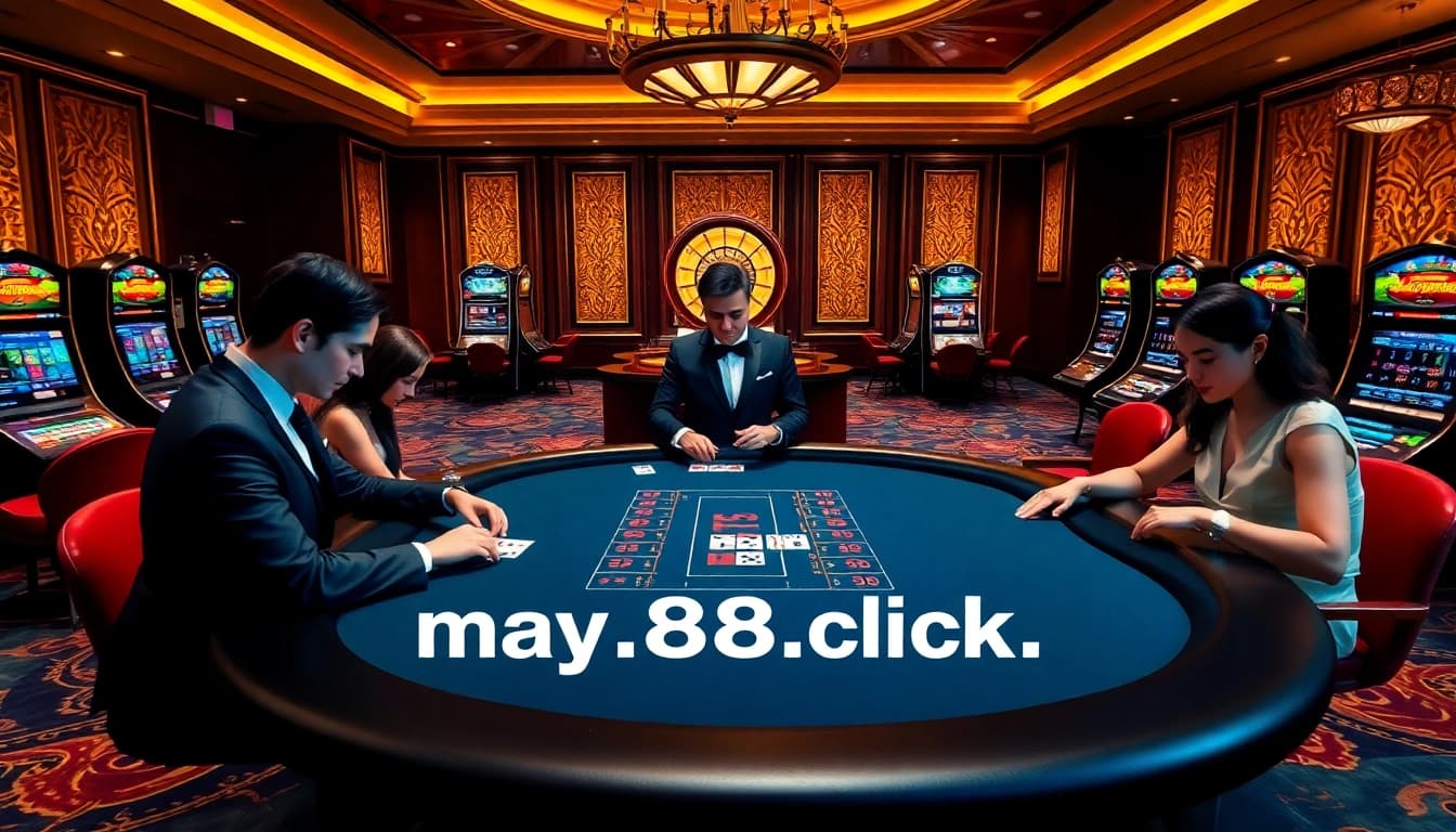 Win big with https://may88.click/ at an elegant blackjack table in a luxurious casino.