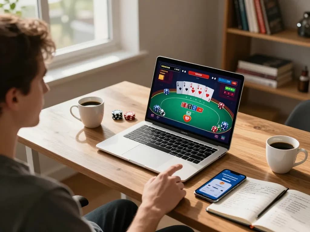 Engaging online poker gameplay on f168.osaka with cozy home setup featuring laptop and notebook.