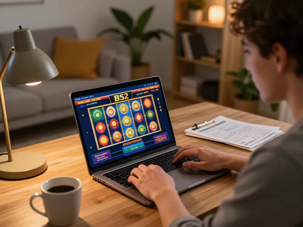 B52 gaming session on laptop with colorful slot reels, showcasing strategic gameplay.