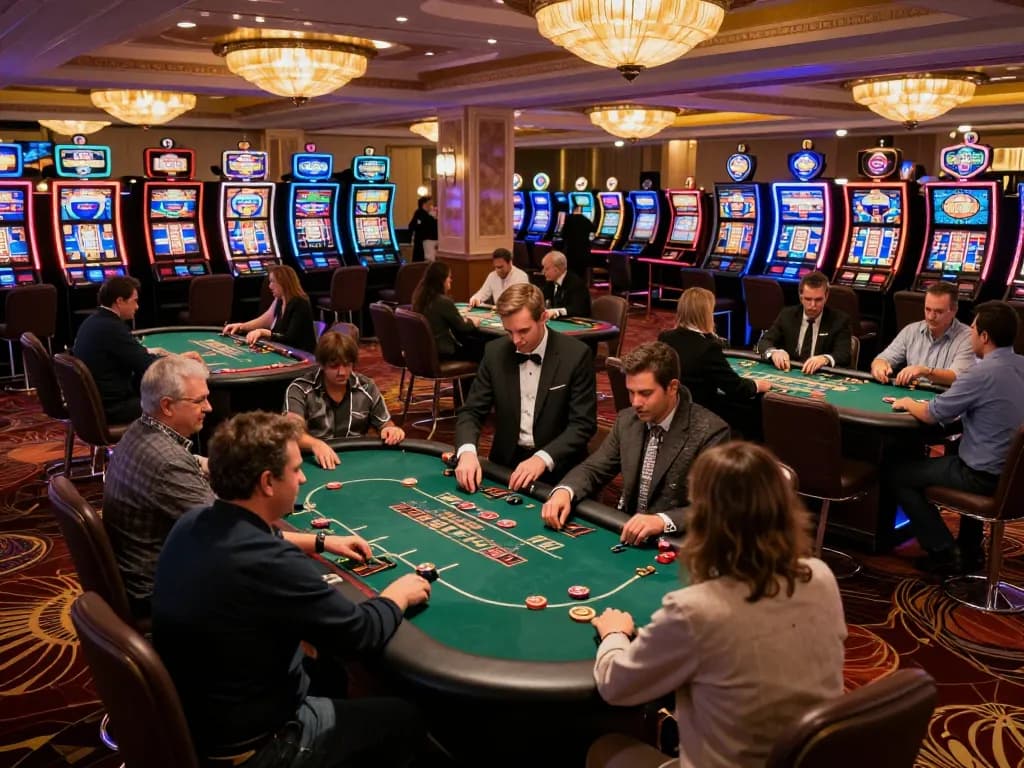 BL555 players enjoying thrilling poker games on an upscale casino floor filled with vibrant lights
