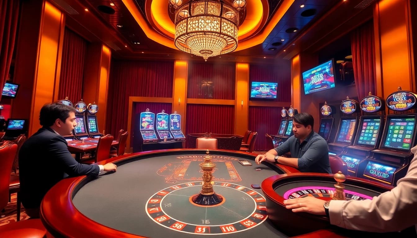 Experience gaming excitement at https://gg88.cool/ with a vibrant casino scene featuring poker and roulette.