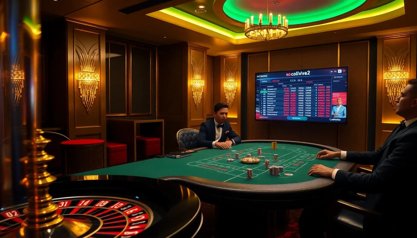 Savoring the thrill of online sports betting at https://socolive2.stream/ with a poker table and roulette wheel.
