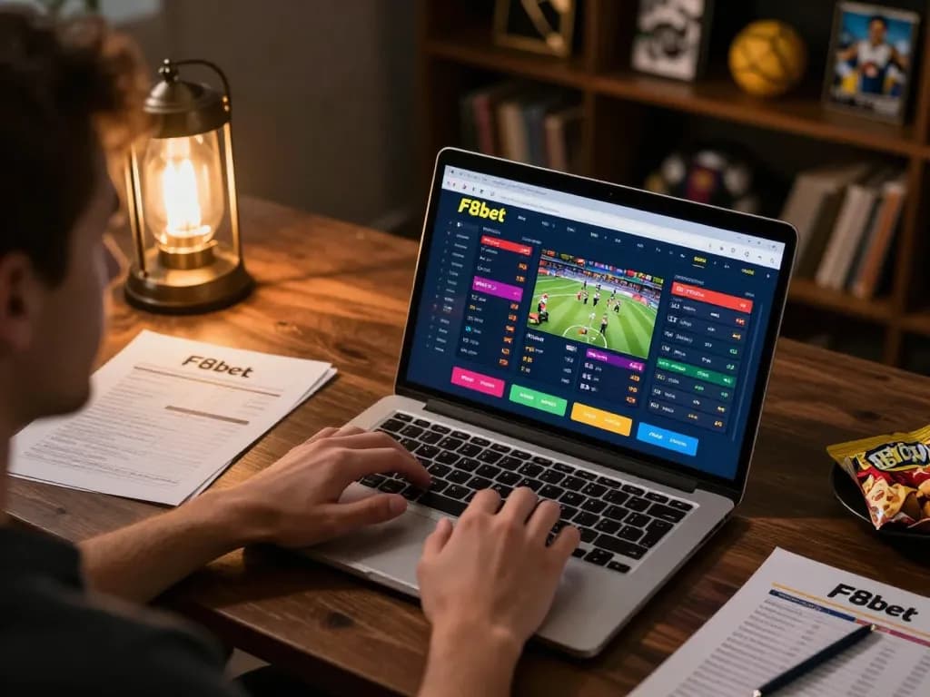 Player engaging in sports betting on F8bet platform from a cozy home setup, showcasing dynamic gameplay.