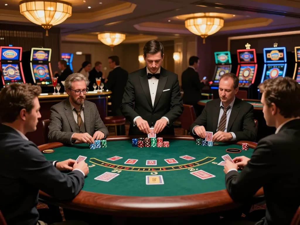 Players enjoying an intense game of blackjack at https://rr88co.net/ casino table, showcasing luxury and excitement.
