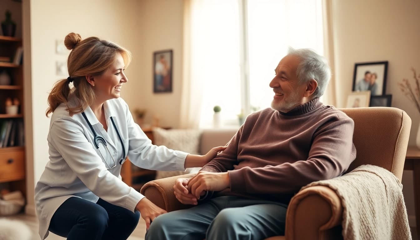 Engaging caregiver providing in home health care services near me in a cozy home environment.