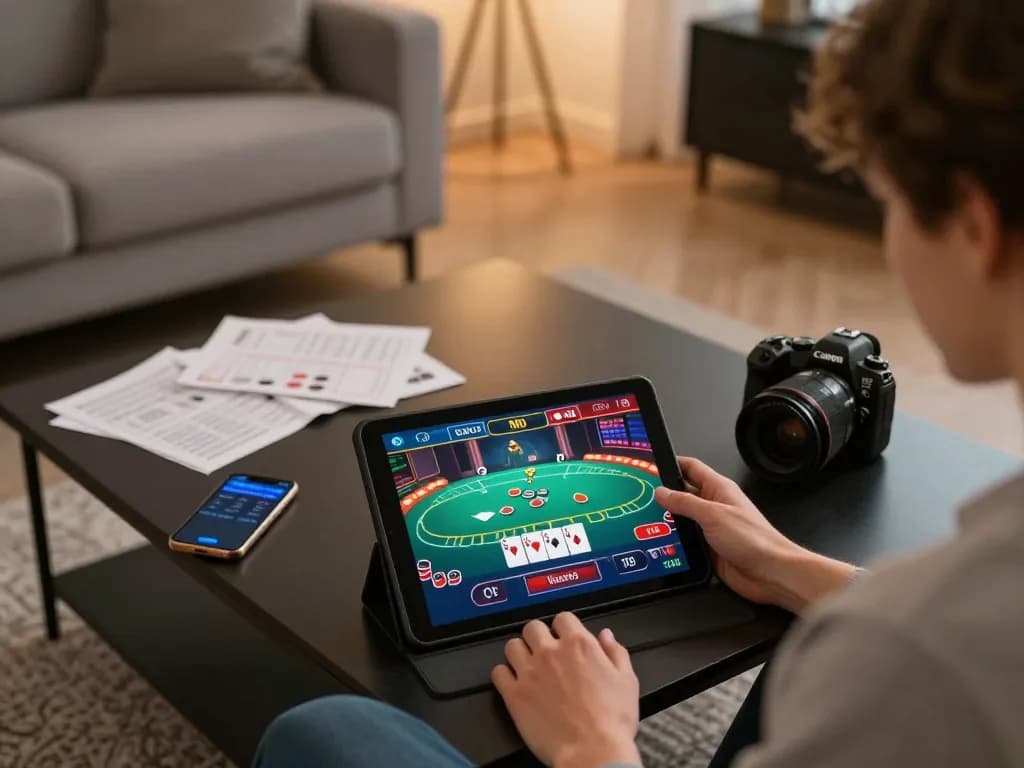 Engaged player enjoys gaming on ww88 tablet, showcasing strategic poker gameplay in a cozy setting.