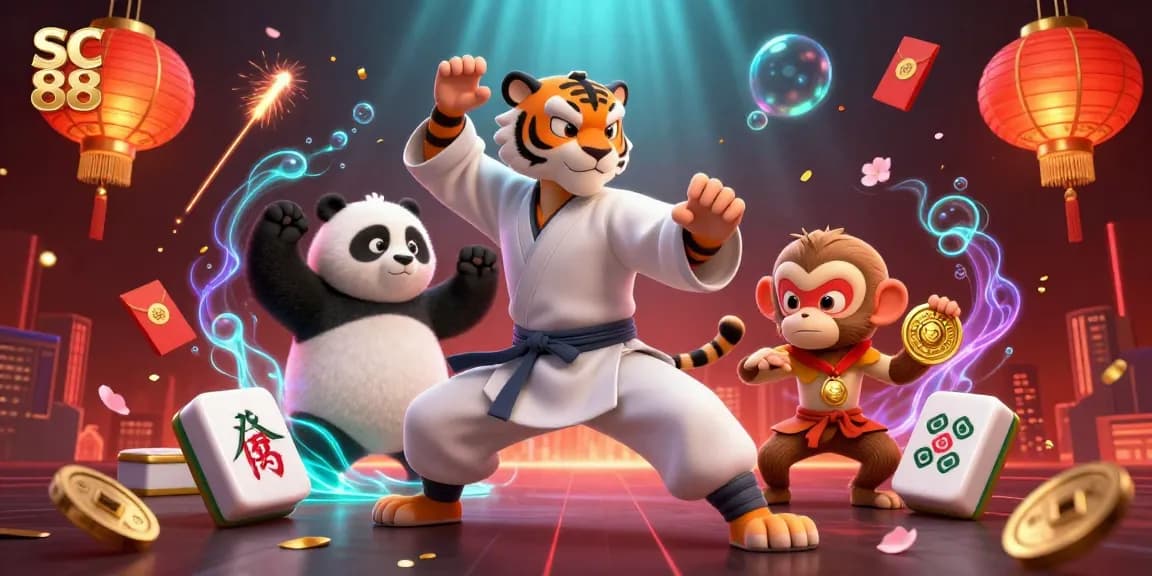 Engage with the SC 88 cartoon scene featuring a kung fu tiger, panda, and monkey amidst vibrant casino elements.