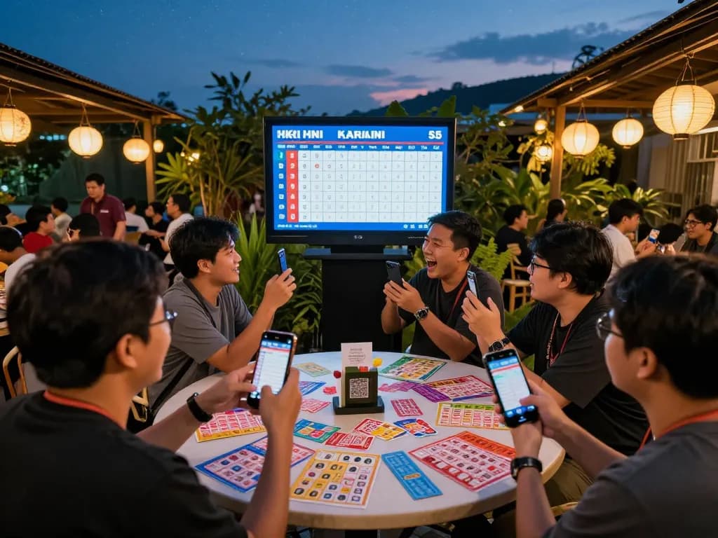 Pemain merayakan di sekitar tampilan digital HK Hari Ini, terlibat dalam kegembiraan togel.