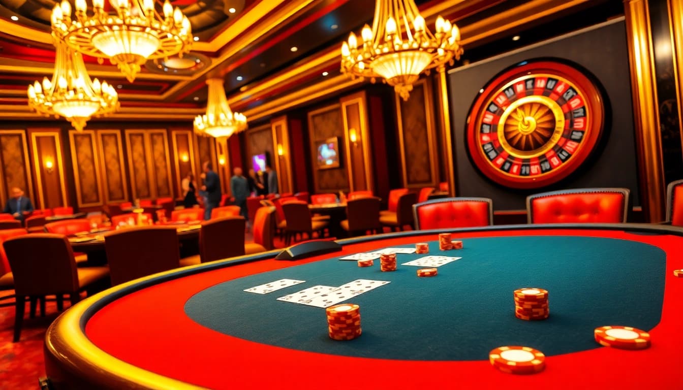 Exciting gambling action featuring fun 79 players at a luxurious casino poker table.