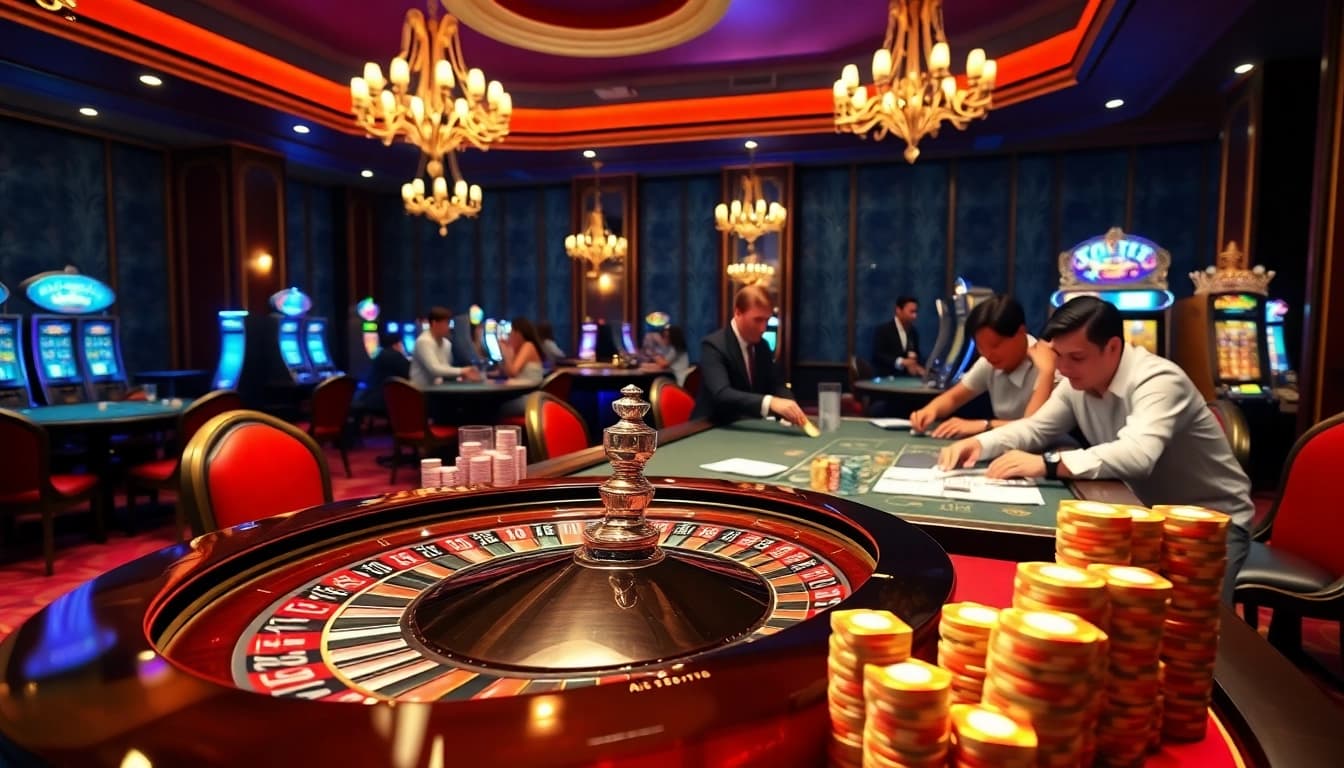 Experience the excitement of game bài đổi thưởng uy tín in a luxurious casino setting with poker tables and roulette.