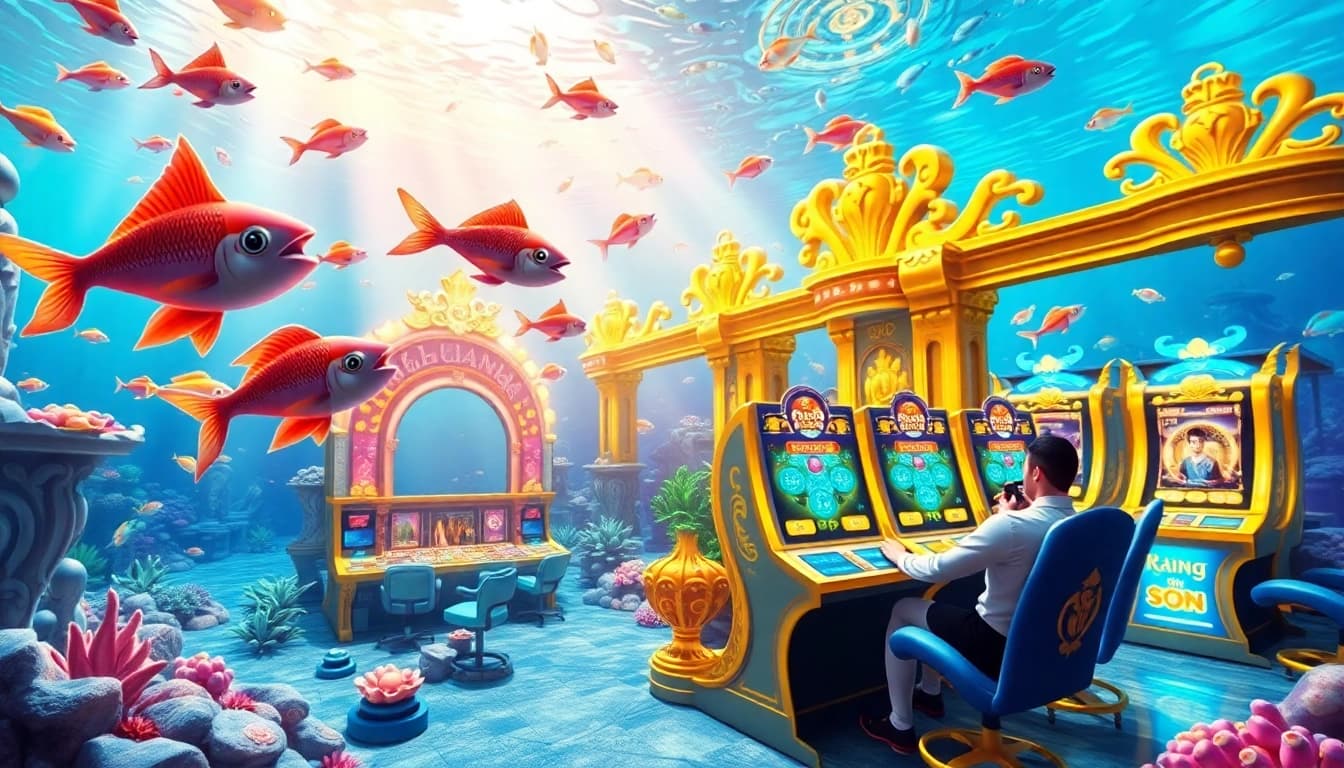 Bắn cá đổi thưởng gameplay showcasing vibrant 3D underwater casino experience with players engaging in treasure-filled adventure.