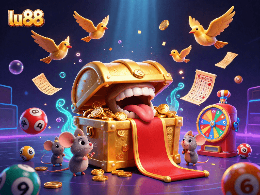 Experience thrilling gameplay with lu88 as golden treasure chests and colorful lottery balls fill the casino scene.