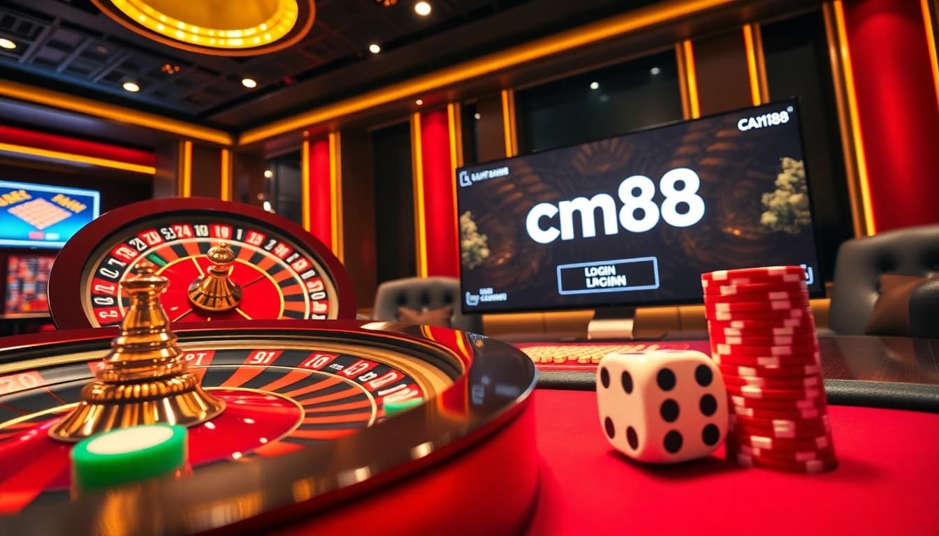 cm88 login interface displayed on a virtual betting screen in a luxurious casino scene.