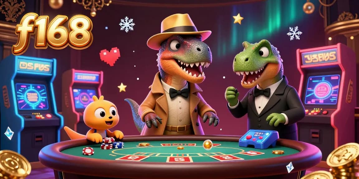 Join the fun at f168, where a velociraptor card counter meets a stegosaurus pit boss in a vibrant casino scene.