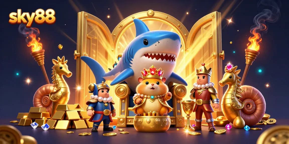 Experience the excitement of sky88 online casino with an illustrated vibrant scene of treasures and royal characters.