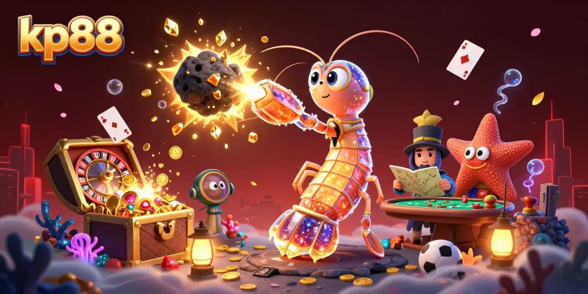 Engage with kp88's vibrant casino atmosphere featuring galactic samurai shrimp amidst a treasure explosion.
