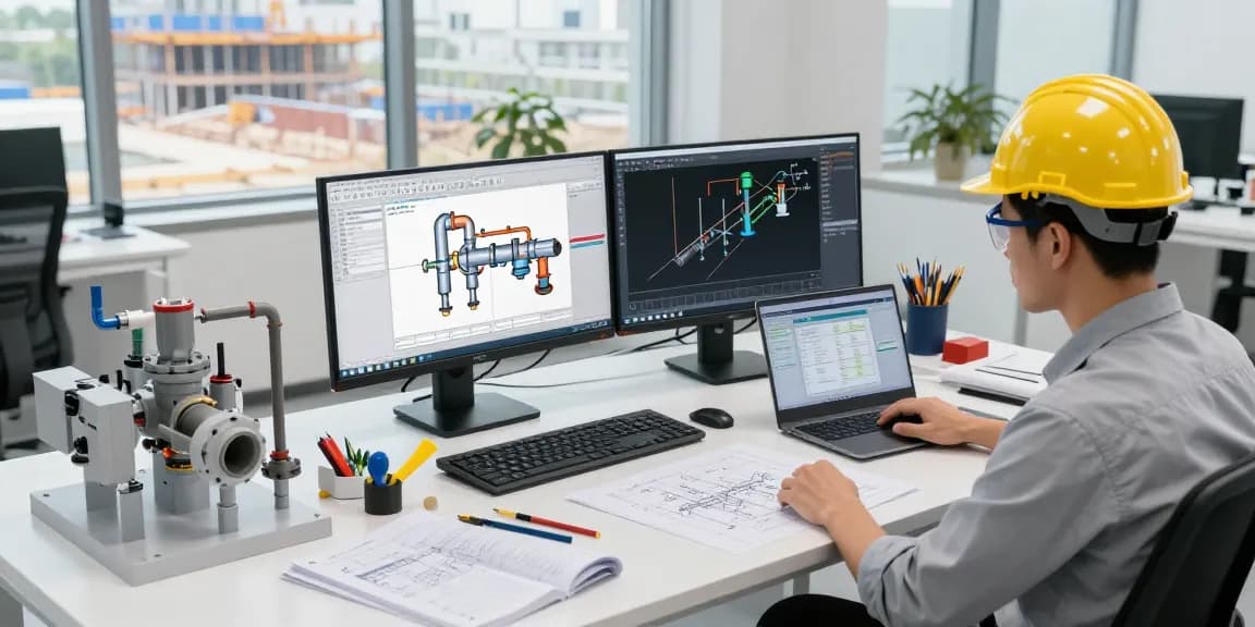 Plant 3D spools generation in a modern engineering workspace with an engineer using CAD software.