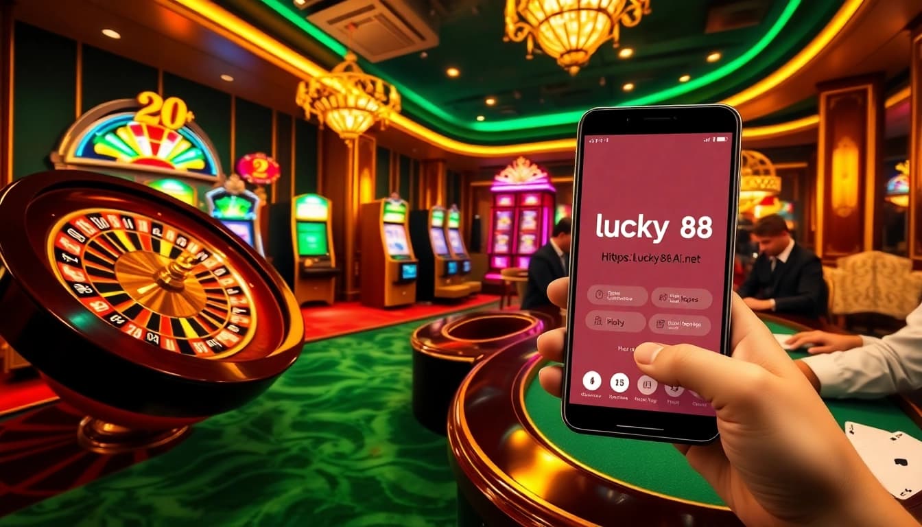Engaging players at a vibrant casino scene with elements from https://lucky88ai.net/ and a sleek roulette wheel.