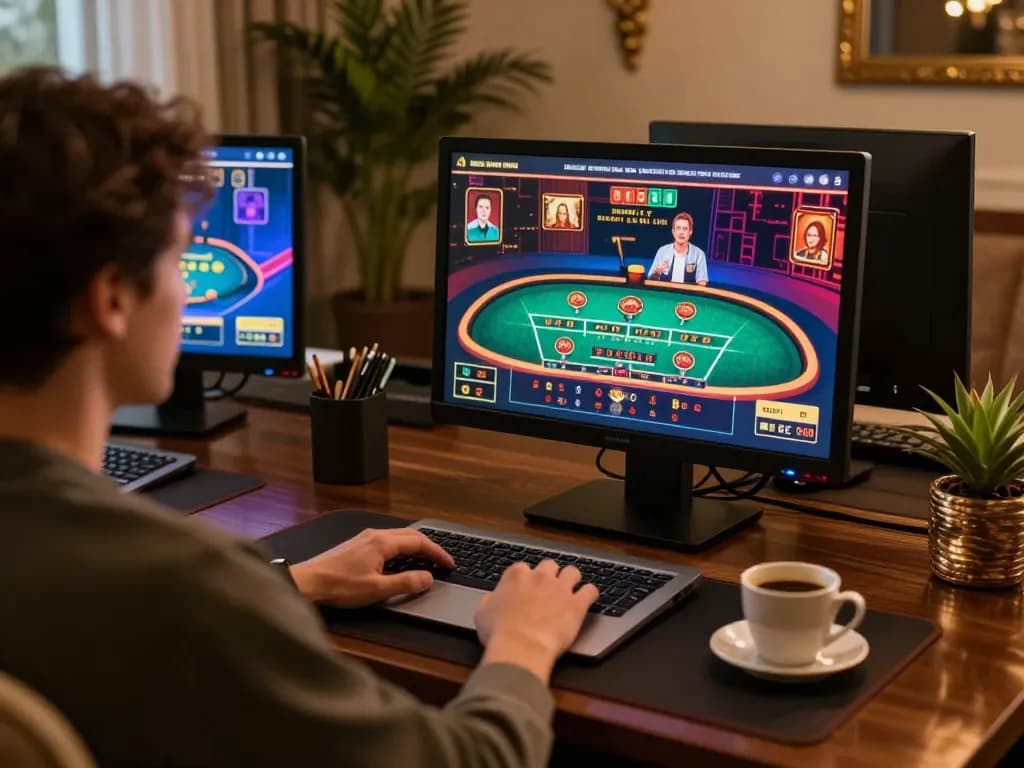 Engaged player exploring CM88 online casino games from a stylish home office setup