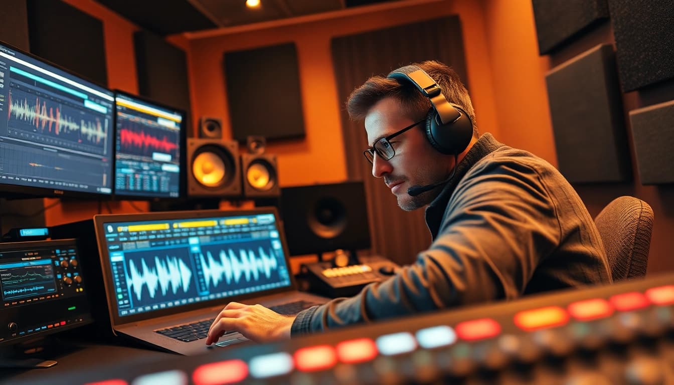 Engaging in online mastering, a sound engineer works diligently in a professional studio.