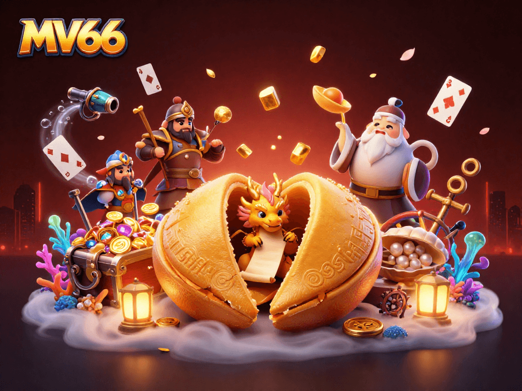 Experience the vibrant MV66 scene with a lucky fortune cookie, wise dragon, and dynamic casino elements.