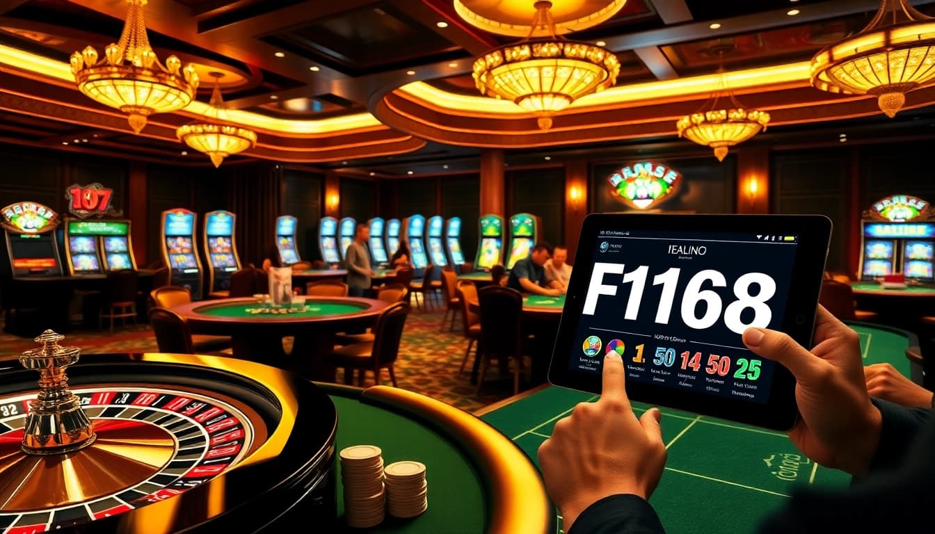 F168 experience with players at a luxurious casino table engaging in strategic betting.