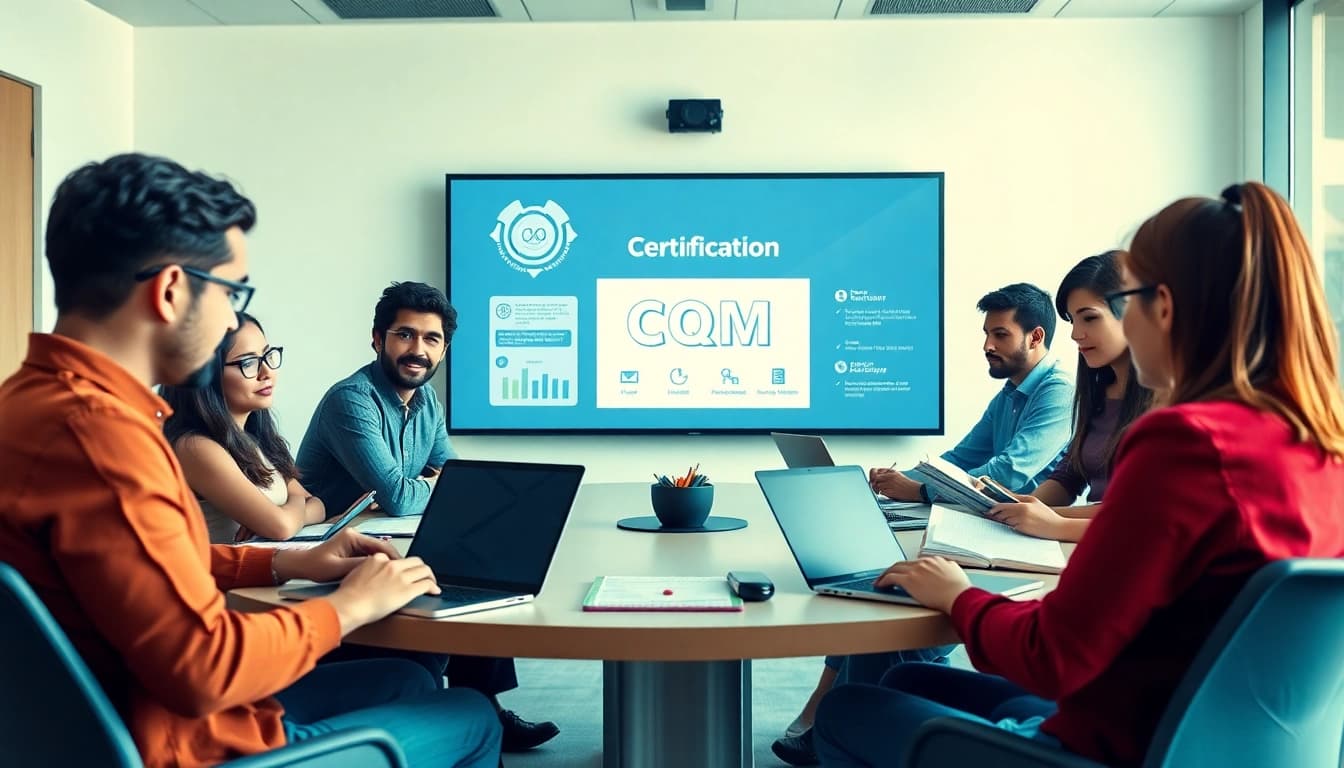 Collaborative study session on cqm certification in a modern classroom