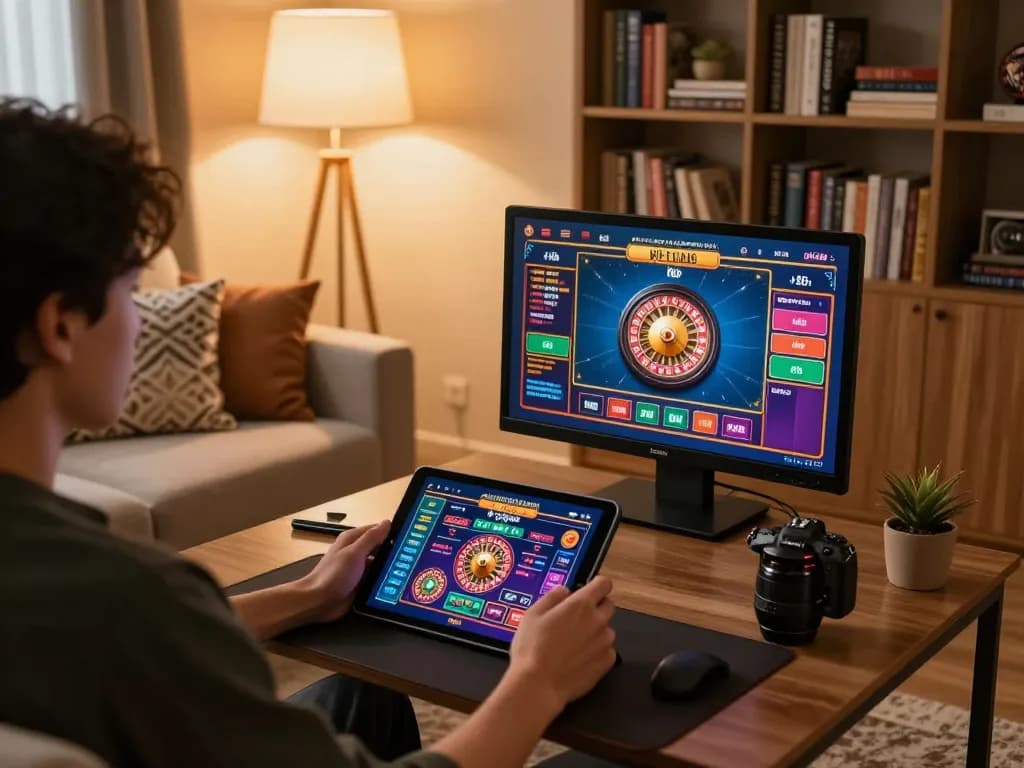 Person engaging with F168 online casino on a tablet, showcasing live roulette gameplay in cozy setting.