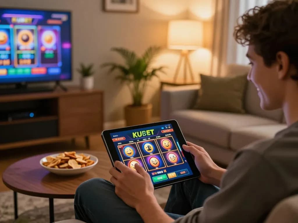KUBET player enjoying a slot game experience on tablet in a cozy setting with warm lighting.
