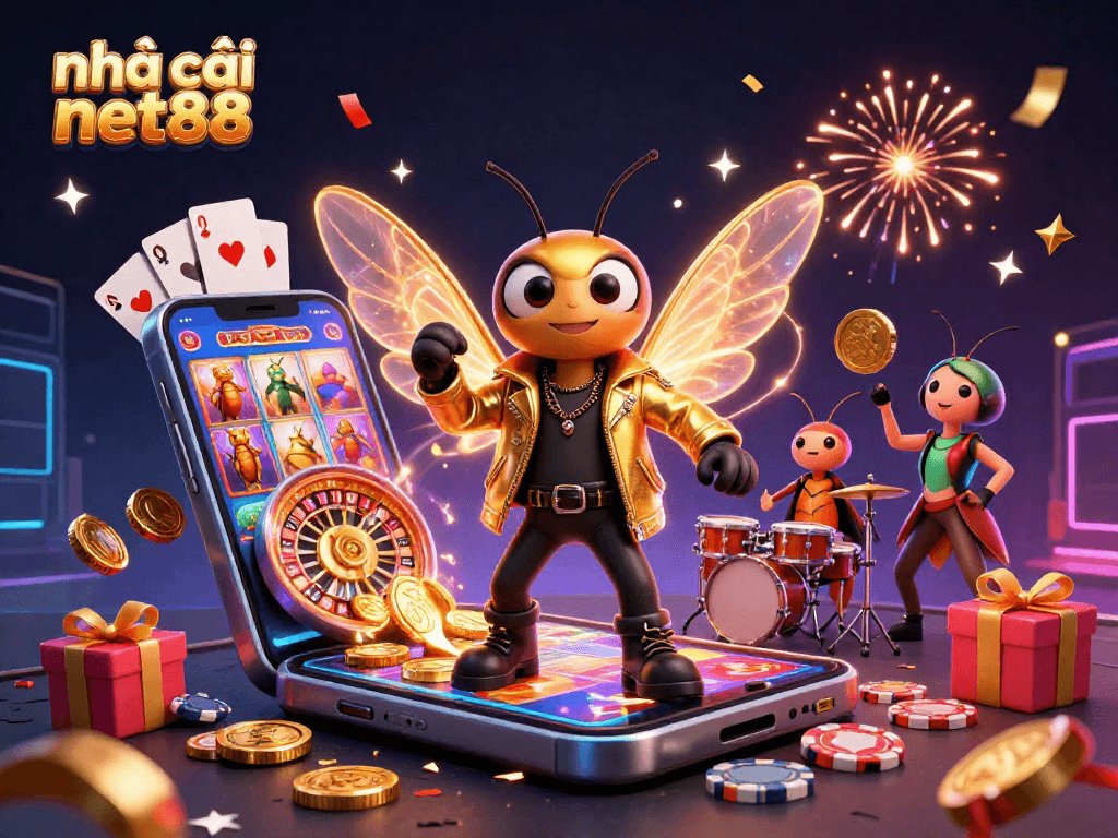 Engage with nhà cái net88's vibrant casino scene featuring a cicada rock star and interactive gaming elements.