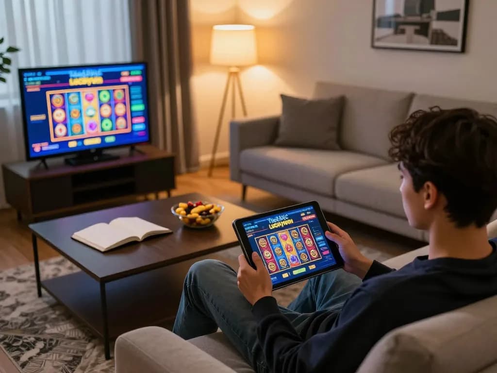 Engaging with the Trang chủ Luckywin online casino interface on a tablet in a cozy living room