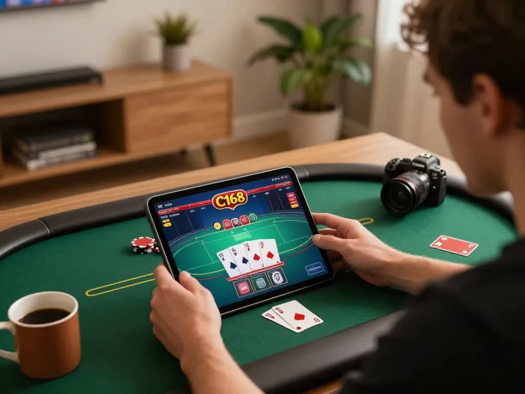 C168 player strategizing during an online poker game with tablet interface