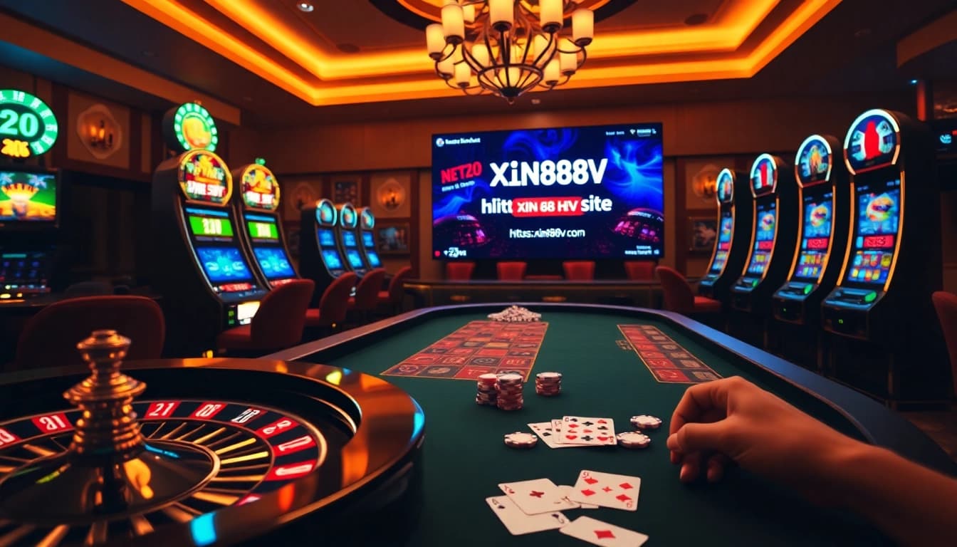 A vibrant casino scene highlighting poker chips, a roulette wheel, and cards with the digital screen of https://xin88hv.site/ in the background.