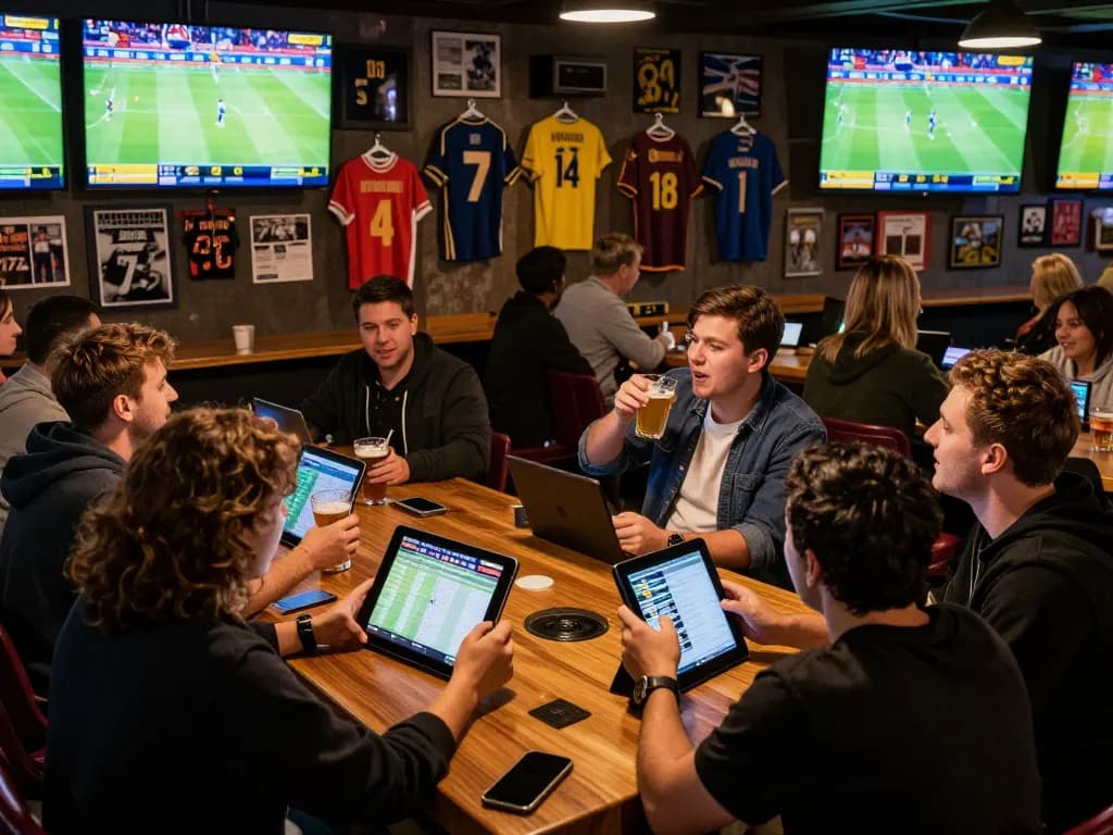 Engaged sports bettors using 789bet on devices, cheering in a lively sports bar atmosphere.