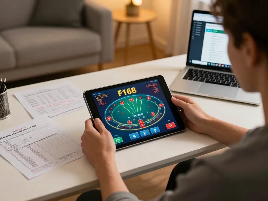 Engaged user playing blackjack on F168 online casino from a cozy home setup, focusing on strategic betting.