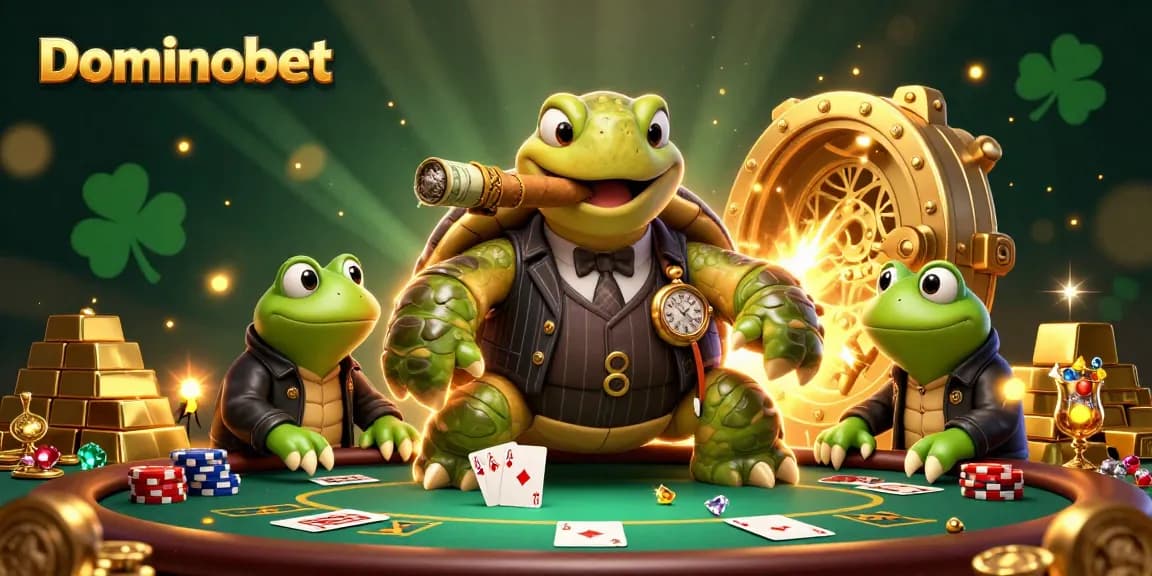 Experience the thrill of poker with Dominobet's vibrant 3D casino illustration featuring animated characters.