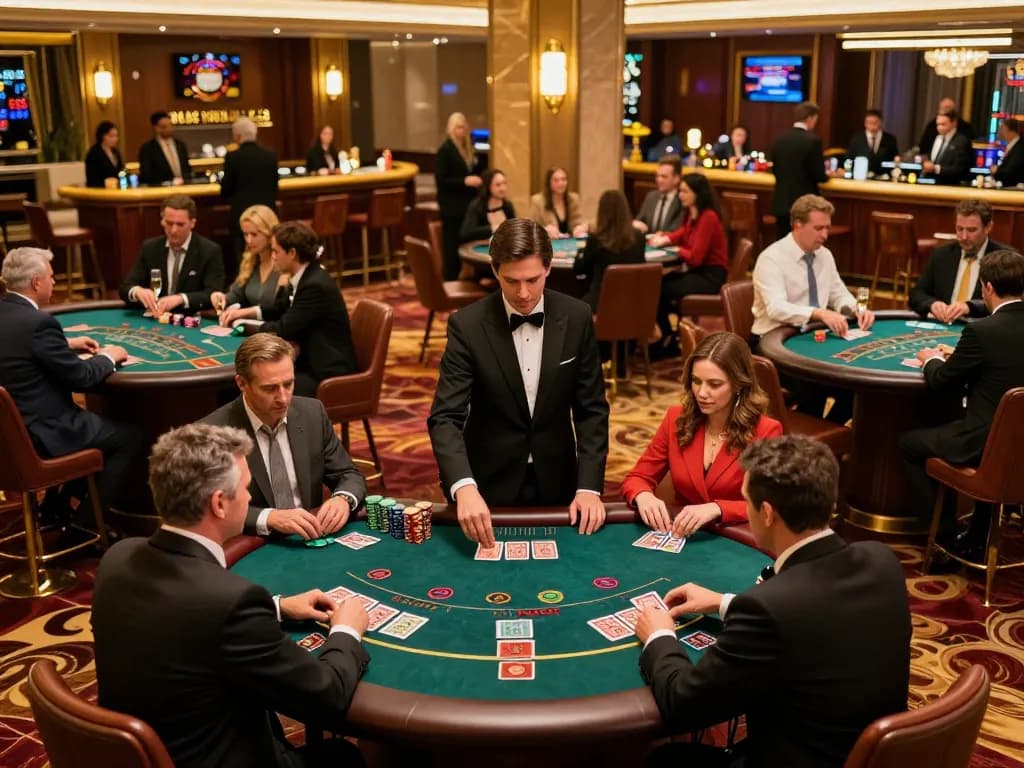 Players strategizing at vipwin blackjack tables in a luxurious casino environment, showcasing thrilling moments.