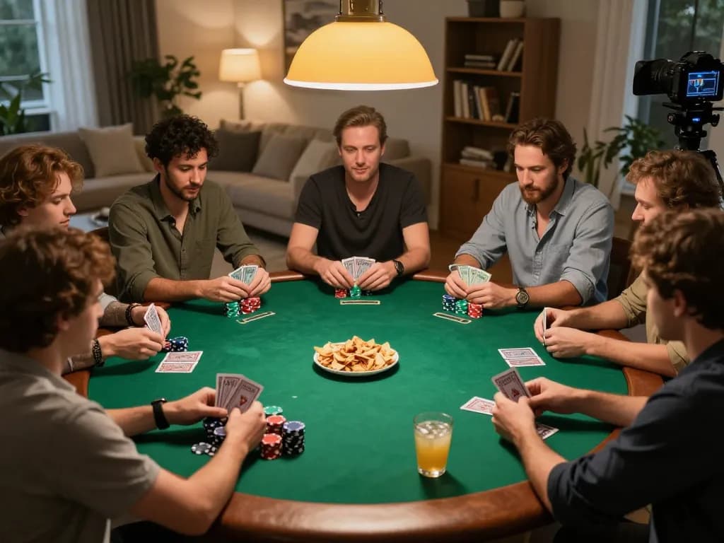 C168 players strategizing their next move during an engaging home poker night.