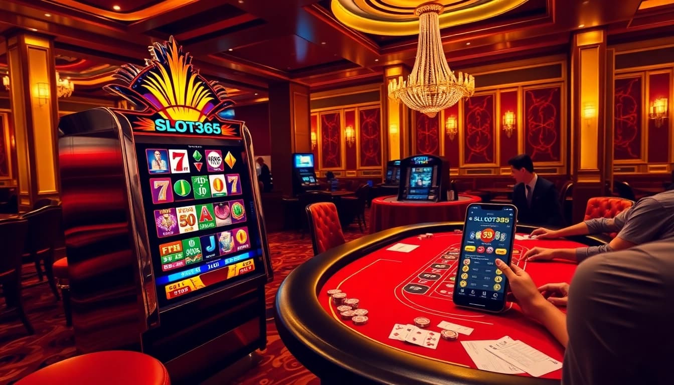 Engaging players at Slot365 with lively casino tables and vibrant slot machines in action.