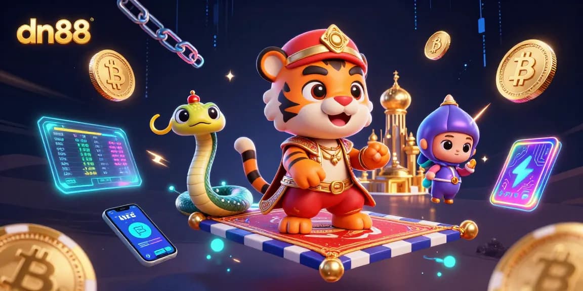 Experience thrilling games at dn88 with vibrant characters and crypto themes in a dynamic illustration.
