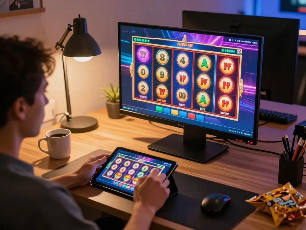 Engaging in online gaming at Fly88, highlighting the dynamic slot game interface on a tablet.